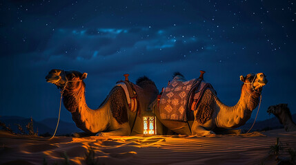 two camels sit on the ground. illuminated by a lantern in the dessert night.