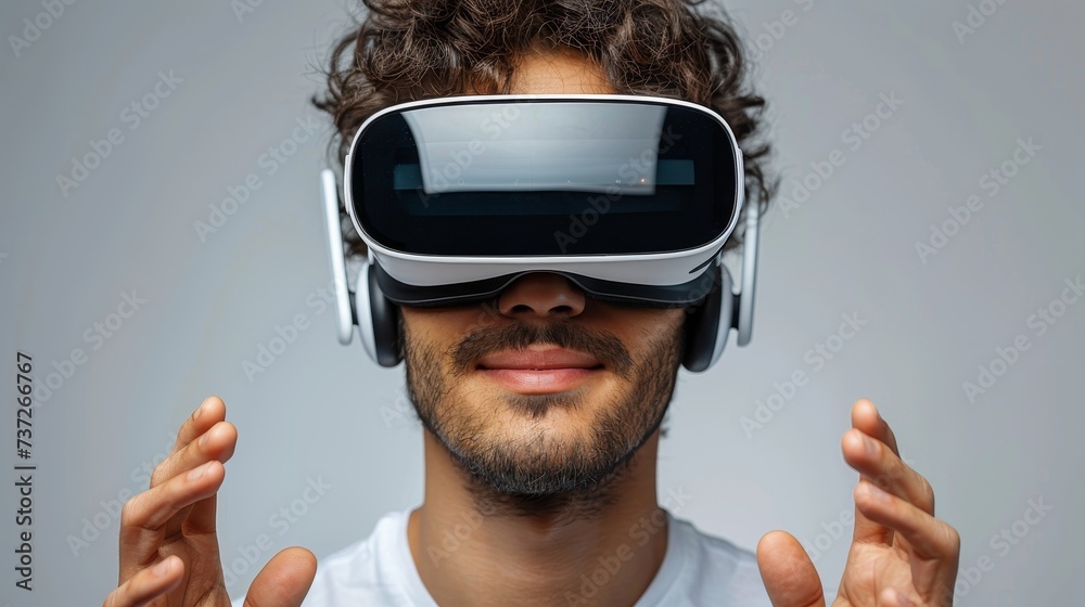 Poster young man using virtual reality headset. isolated on gray background studio portrait. vr, futuristic