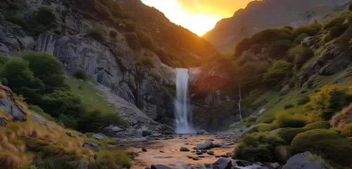 Poster In the embrace of towering mountains, witness the serenity of a cascading waterfall bathed in the soft glow of a mountain sunset © Muhammad