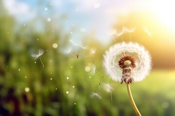 A close up of a dandelion releasing its seeds into the wind, symbolizing perseverance