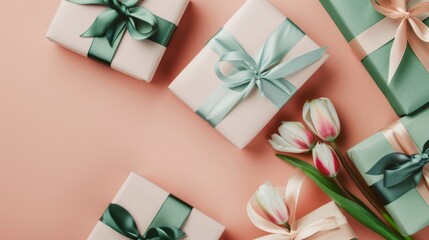 Mother's Day decoration concept with ribbon bows and tulips on an isolated pastel pink background.