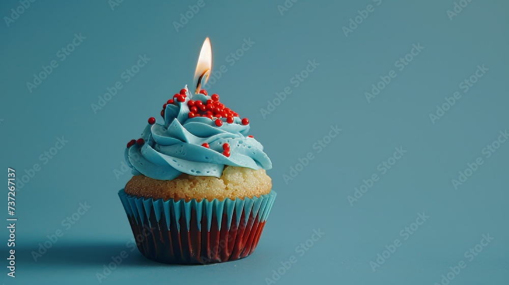 Poster an image of a blue cupcake with a red candle on a blue background is adorned with sprinkles and a li