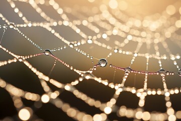 A close up reflection of a dew covered spiderweb in the morning light