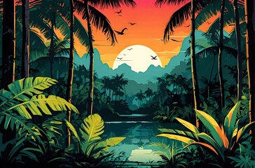 Fototapeta na wymiar Bright tropical background with jungle plants generative AI image. 