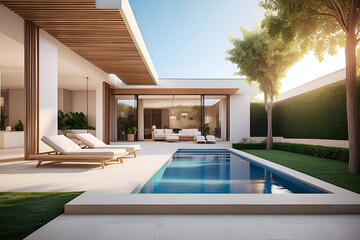 Modern luxury house with a pool, minimalist architecture concept, generative AI