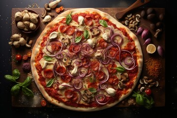 A creative pizza with unique toppings and shapes