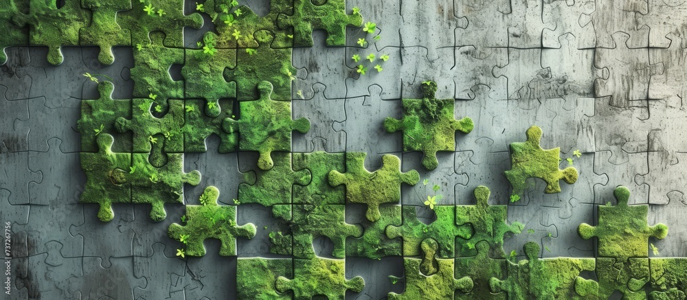 Canvas Prints A terrestrial plant, like grass or a tree, is growing on a wall alongside other puzzle pieces, creating a unique and natural landscape in the building environment