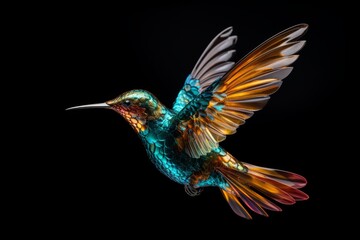 Naklejka premium A detailed shot of a hummingbird in mid-flight, frozen in time