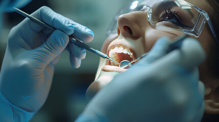 Close-up of a professional dentist wearing medical gloves checkup woman's teeth. Dental health care...