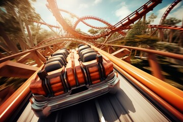 A dynamic shot of kinetic roller coasters speeding down steep drops - obrazy, fototapety, plakaty
