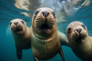 Fototapeta premium A group of playful sea lions interacting underwater