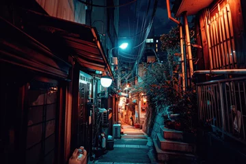 Fotobehang Narrow street at night in the old town of Kyoto, Japan.  © PixelAsia