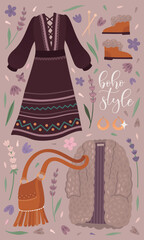 Boho outfit collection with fur coat