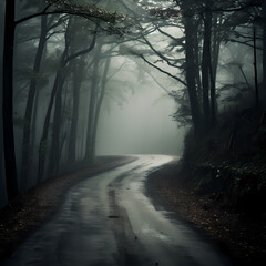 Deserted road through a misty forest.