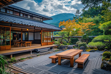 Wooden table and chairs in japanese garden with mountain background - obrazy, fototapety, plakaty