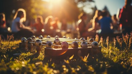 Cropped image of young people playing foosball while resting outdoors. - obrazy, fototapety, plakaty