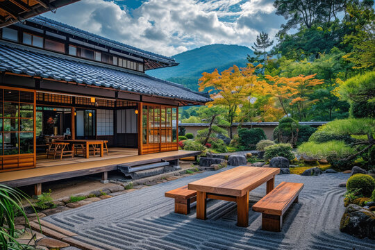 Wooden table and chairs in japanese garden with mountain background