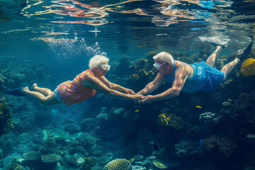 This is an underwater photograph of two elderly people, a man and a woman, holding hands, taken in clear water. Old married couple underwater. conveys a feeling of calm and beauty.