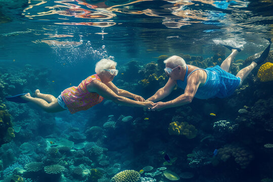 This is an underwater photograph of two elderly people, a man and a woman, holding hands, taken in clear water. Old married couple underwater. conveys a feeling of calm and beauty.