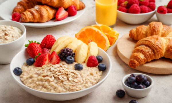 Healthy morning breakfast is on table. Top view. Oatmeal, fruit, Victoria, natural juice, blueberries, croissants. Colorful photography.