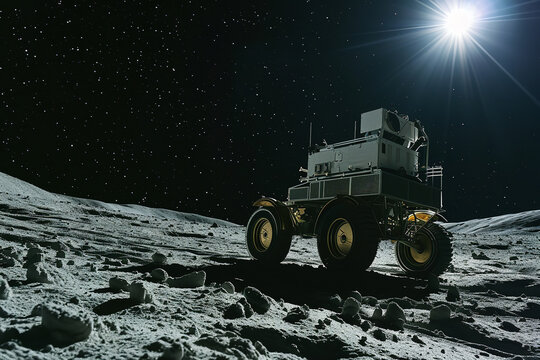 a lunar rover moving across the moon's terrain. It's equipped with cameras and sensors