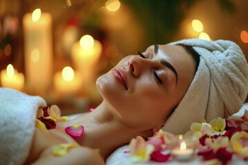 Body and facial skin care. Woman lies with her eyes closed in spa salon. Expression of pleasure and relaxation on face. Close-up portrait of head. Caucasian beauty 30-40 years old. Flower petals
