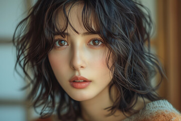Fototapeta premium Portrait of a beautiful brunette girl with curly hair in a sweater 