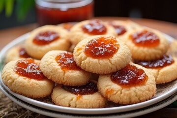 Obraz na płótnie Canvas A plate of buttery thumbprint cookies with fruit preserves