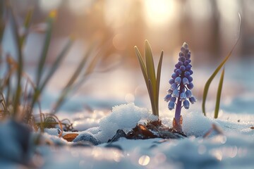 spring muscari hyacinth emerge from a thin layer of snow - obrazy, fototapety, plakaty