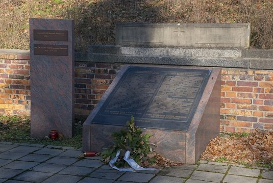 Elsterwerda, Germany - Jan 29, 2024: This Red Army war cemetery contains the graves of 456 Soviet soldiers who were killed in 1945 during Second World War. Sunny winter day. Selective focus
