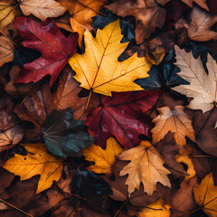 Naklejka na ściany i meble Close-up of vibrant autumn leaves on a forest floor