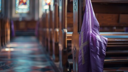 sacred purple blanket on a church chair - obrazy, fototapety, plakaty