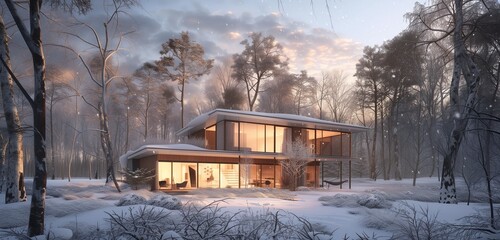 Embrace the enchantment of winter as a charming house, surrounded by snow-laden trees, radiates a welcoming glow, capturing the peaceful allure of a forest dwelling in the heart of the season 
