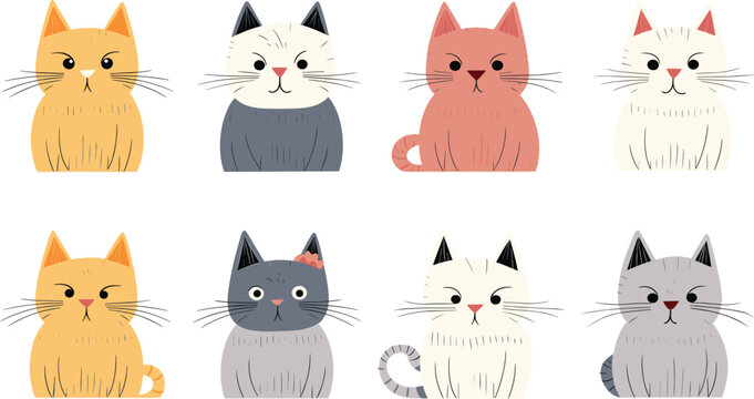 image displays collection eight cartoon cats various colors expressions vector illustration