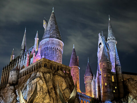Night view of Hogwarts Castle at the Wizarding World of Harry Potter in Universal Orlando Resort on February 8, 2024 in Orlando, Florida, USA