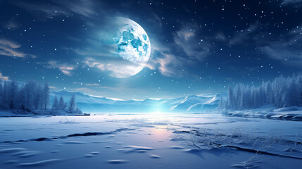 Beautiful polar lake landscape with snow and moon