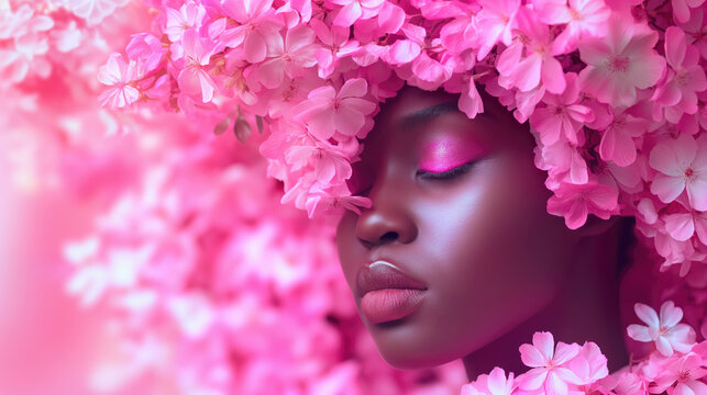 Black woman with pink flowers covering her head concept of breast cancer awareness. Generative AI.