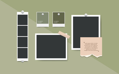 Polaroid blank photo frames collage on green wall vector background. Mood board template empty photography