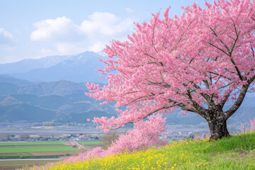 cherry blossom tree in spring with blue sky and mountain background
