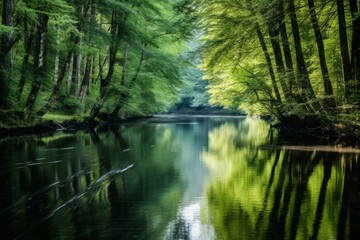 Obraz premium A tranquil reflection of a forest reflected in the calm waters of a river