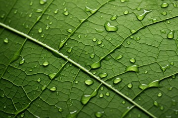 An extreme close-up of a rain-soaked leaf, revealing its veins