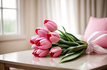 A beautiful bouquet of pink tulips, on a light background in an apartment, opposite the window. Gift, March 8. International Women's Day. Romance, Love, Relationships. Flowers, tulips