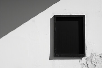 horizontal image of a black empty squared space hanging on a white wall, illuminated by sunlight Generative AI