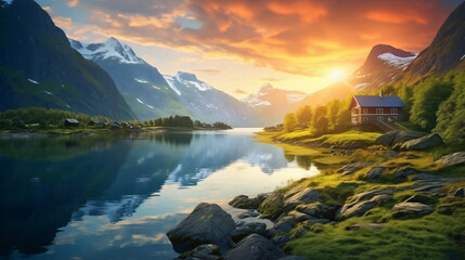  Calm sunrise on Norwegian fjord - obrazy, fototapety, plakaty