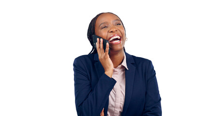 Business woman, laughing and phone call for communication connection, happy or funny. Black person,...