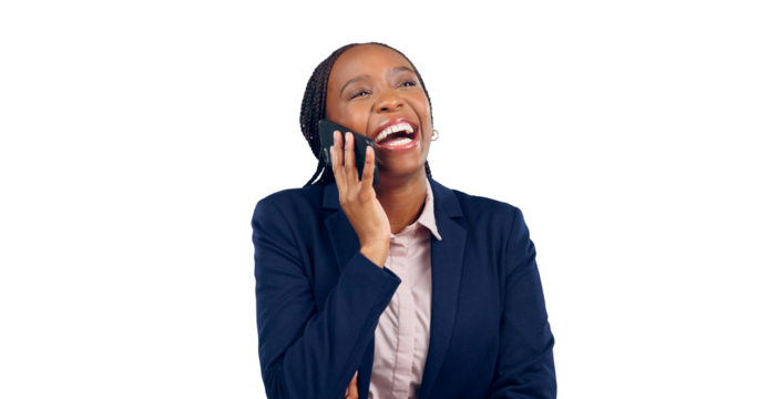 Business woman, laughing and phone call for communication connection, happy or funny. Black person, cellphone and humor or isolated transparent png background for conversation, networking or joke