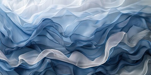 Wave-like patterns of blue textiles against a tranquil gray background.