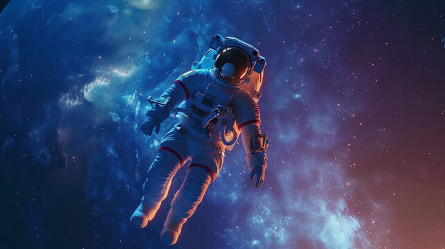 A young astronaut in a vibrant space suit floating gracefully among stars Earth visible in the distance