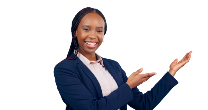 Business woman, marketing or portrait with pointing to announcement or information on promotion deal. African financial advisor, happy face or presentation or isolated on a transparent png background