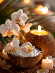 Fototapeta na wymiar Close up of coconut oil massage in a high end spa with elegant orchids and candles in the background highlighting the essence of tranquility